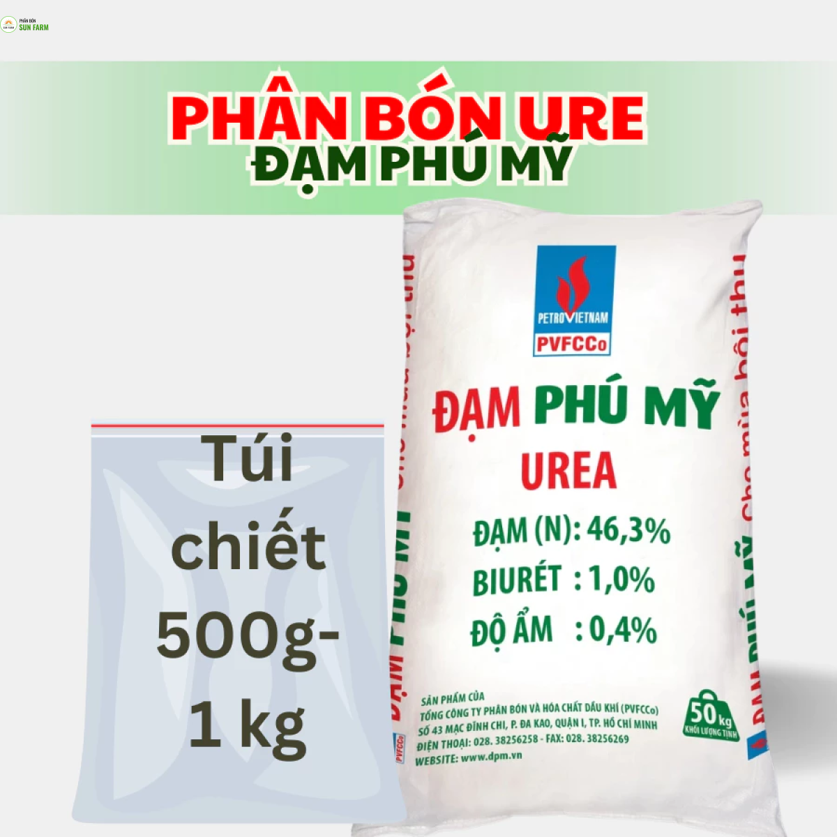 Phân bón ure đạm Phú Mỹ (500g - 1kg) bán lẻ từ bao 50kg cho rau màu, hoa cây cảnh, cây ăn quả