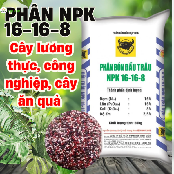 Phân bón NPK Đầu Trâu 16-16-8 (500g-1kg) (bán lẻ từ bao 50kg) cho hoa hồng, mai vàng, cây cảnh, rau màu, cây ăn trái