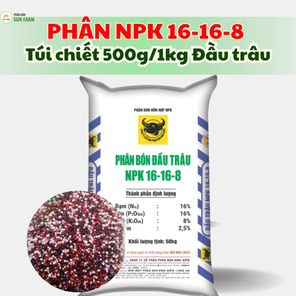 Phân bón NPK Đầu Trâu 16-16-8 (500g-1kg) (bán lẻ từ bao 50kg) cho hoa hồng, mai vàng, cây cảnh, rau màu, cây ăn trái